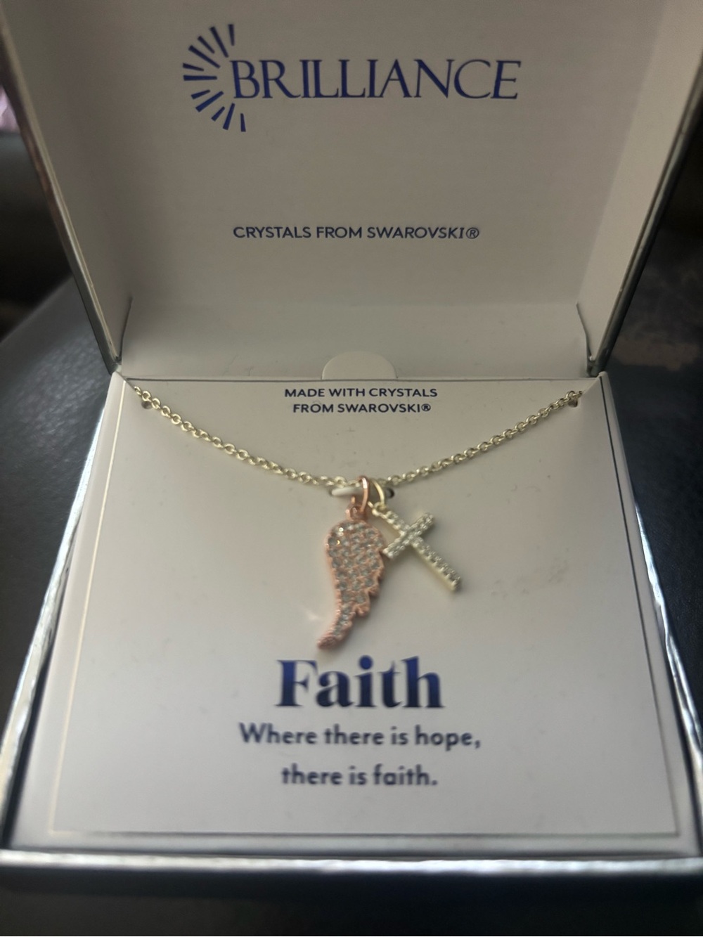 Brilliance Rose Gold Angel Wing & Silver Cross Necklace - Faith Charm